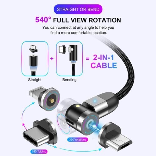 Magnetic 3-in-1 540 Degree Rotation Charging Cable, 1m length, 1 Piece Charging Cable Cord - Image 2